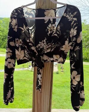 Fairycore Boho Whimsygoth Coquette Sheer Floral Tie Front Crop Top Cottagecore